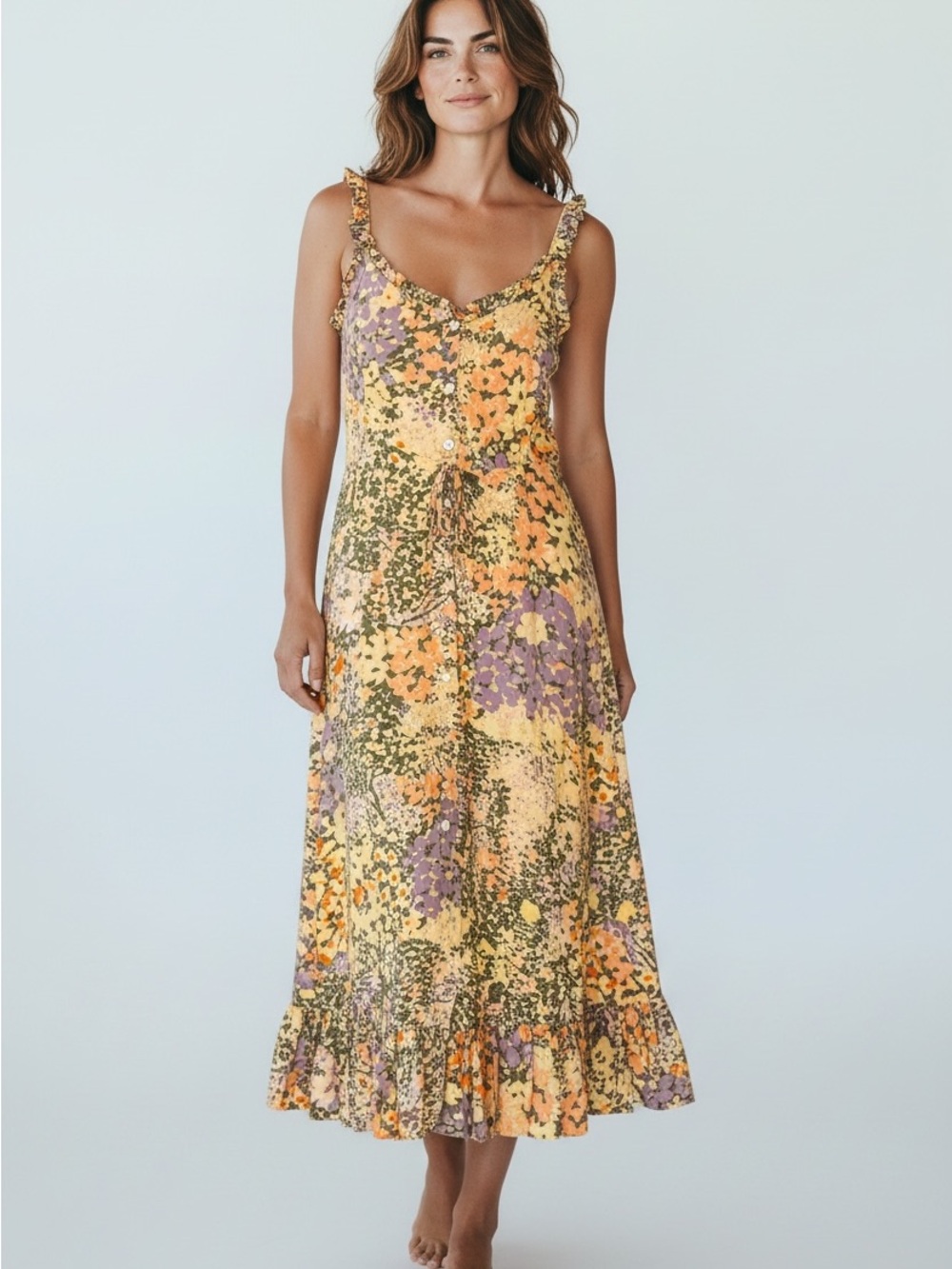Rails Floral Ruffle-Shoulder Midi Dress in Yellow and Purple